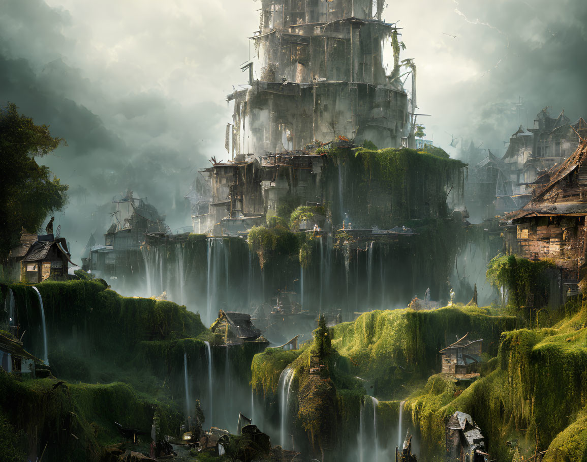 Mystical multi-tiered city with cascading waterfalls and lush green cliffs