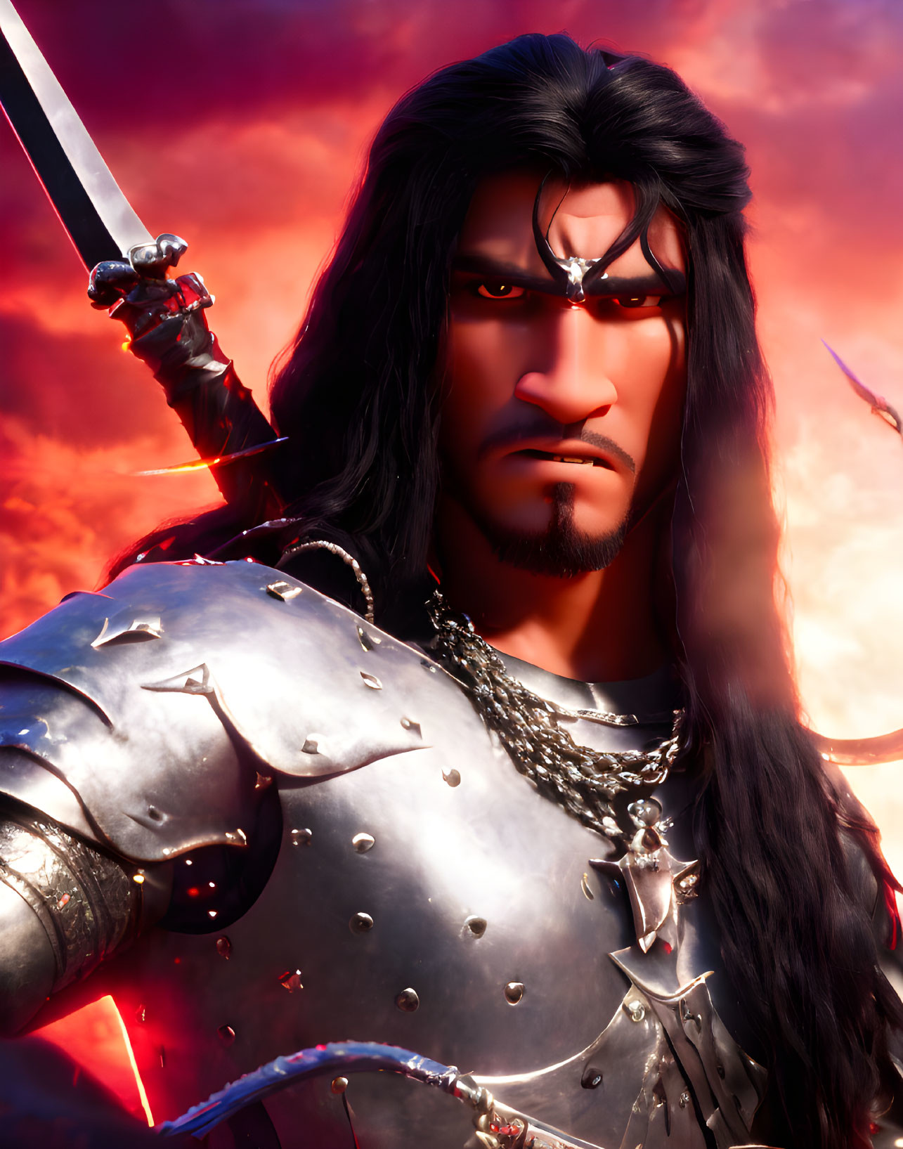Animated knight with black hair, silver armor, sword, and fiery backdrop