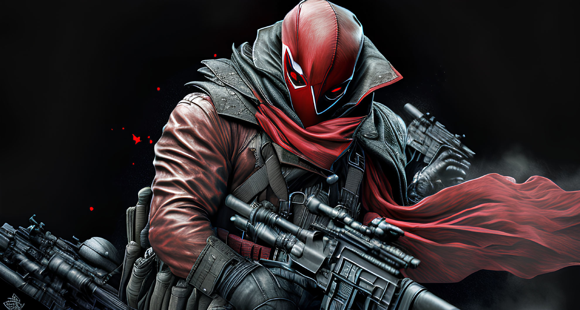 Masked Figure in Red and Black Armor with Futuristic Weapon on Dark Background