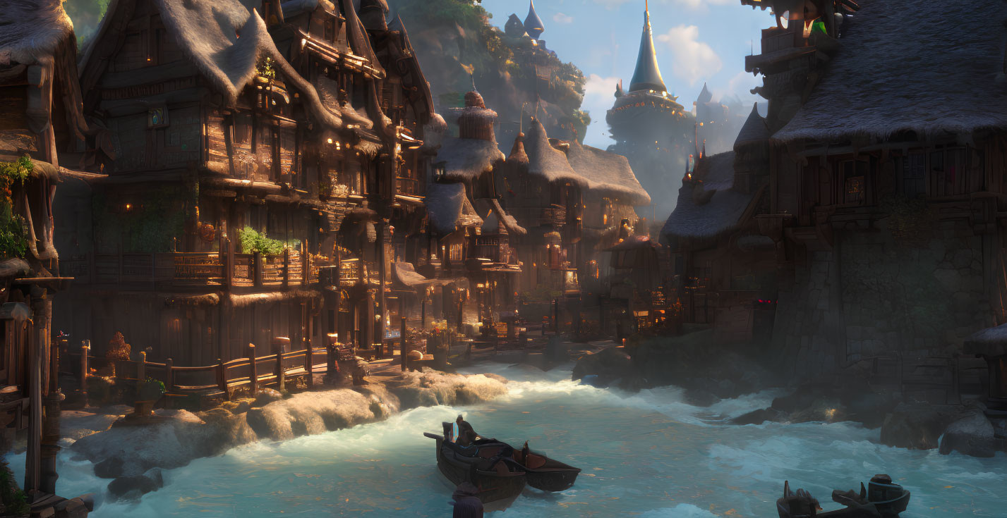 Tranquil fantasy village: thatched houses, river, bridge, boat, castle, warm sky