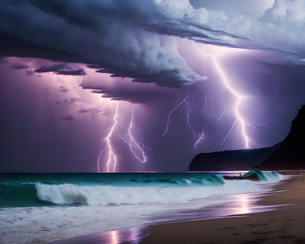 Thunderstorm beach scene with lightning strikes and crashing waves at sunset