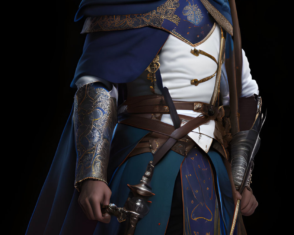 Fantasy character with white hair and sword in blue & gold cloak