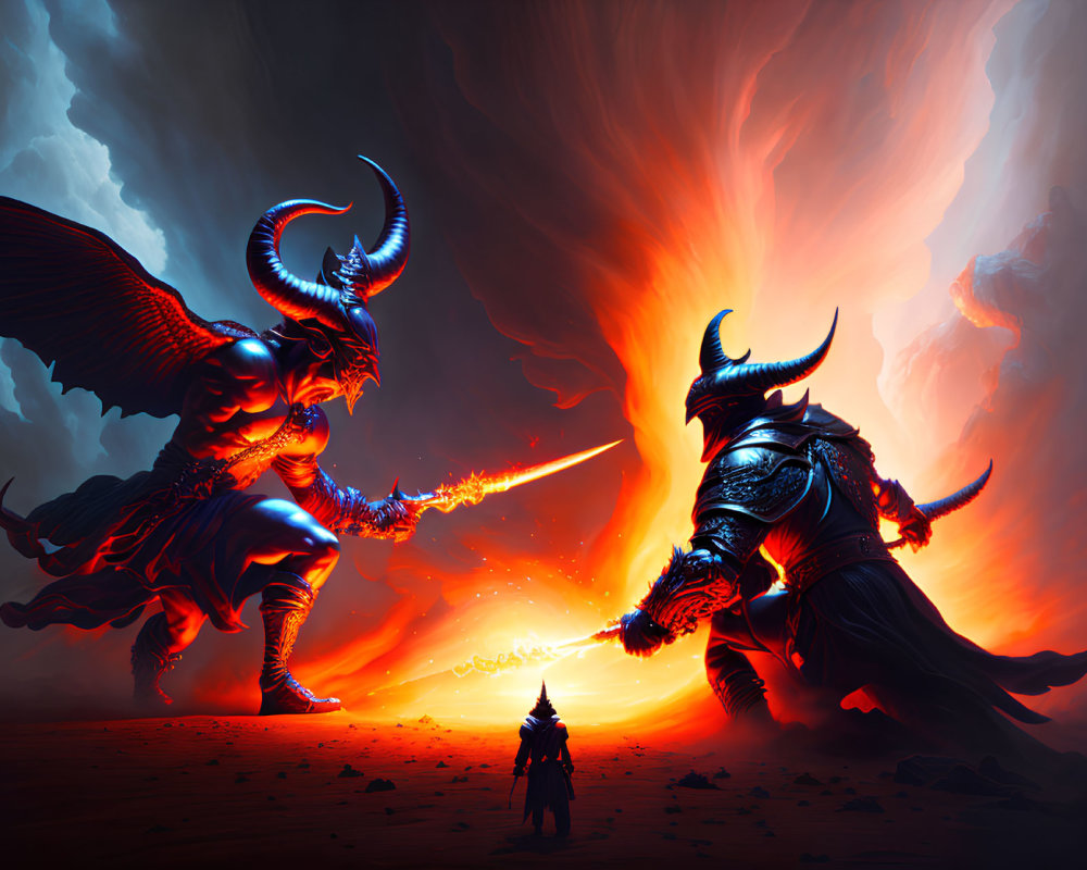 Horned warriors in combat with fiery weapons under red sky