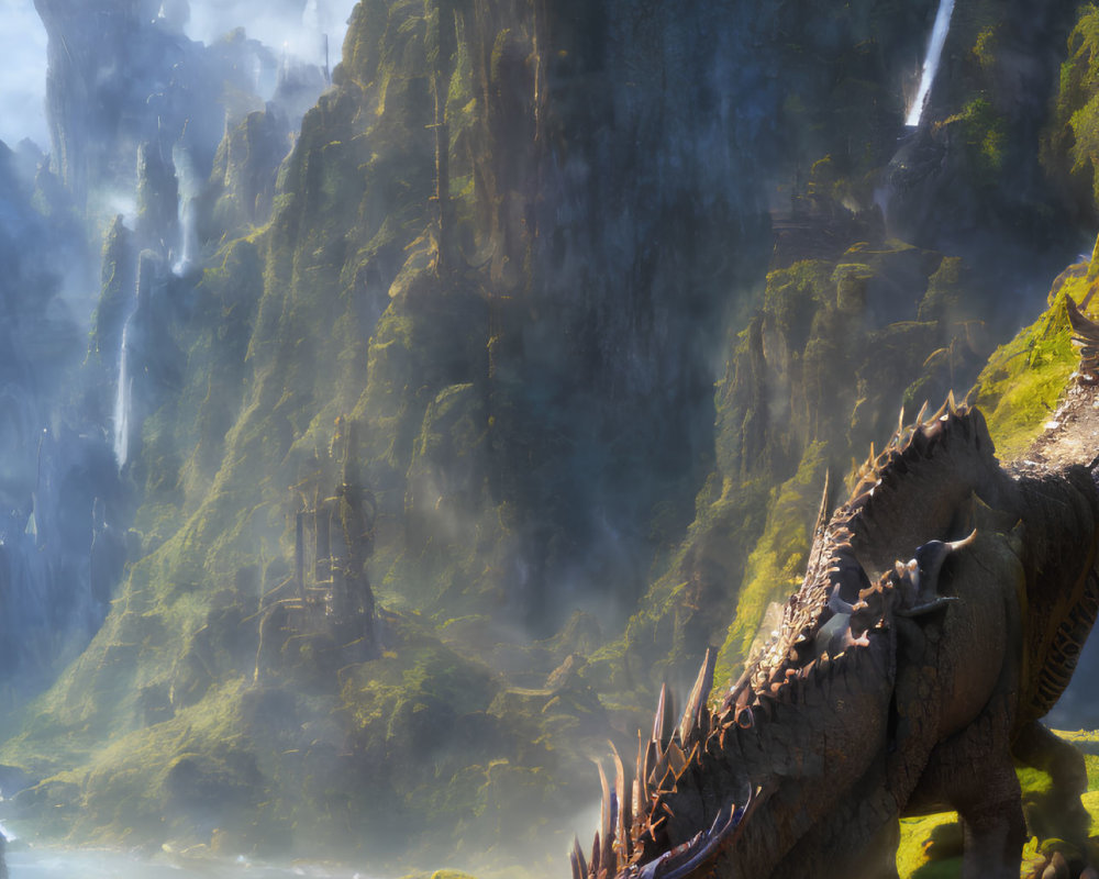 Majestic dragon with horns and spiky scales in lush fantasy landscape