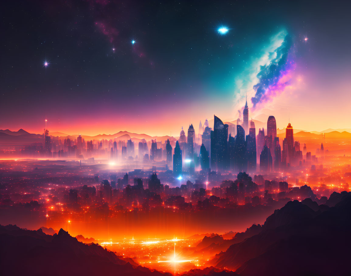 Vibrant twilight cityscape with colorful nebula and sparkling stars