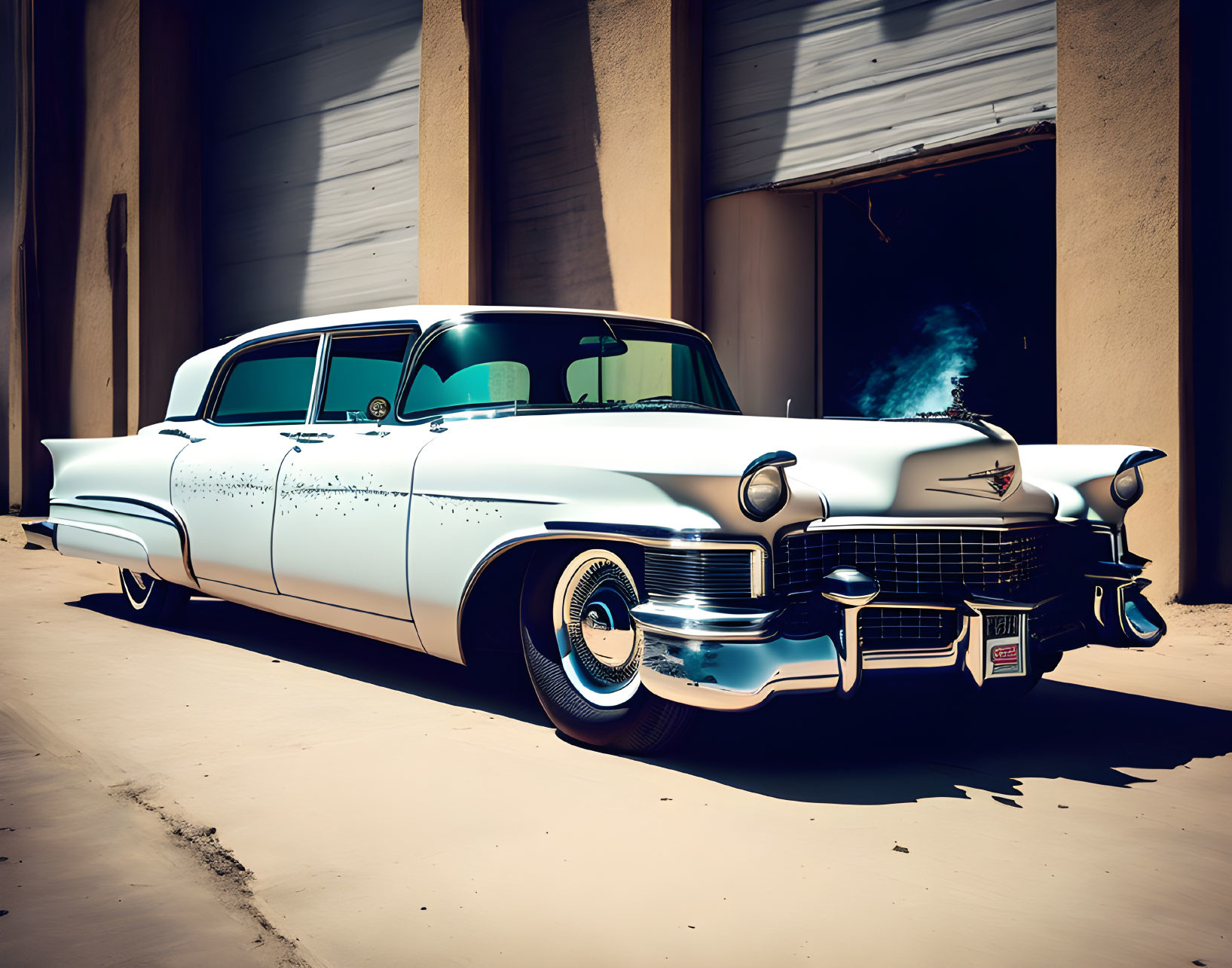 Vintage White Cadillac Parked with Sunlight and Blue Smoke