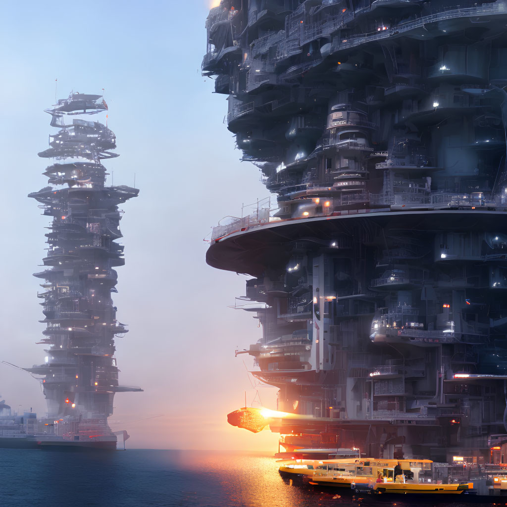 Futuristic cityscape at sunset by the sea with glowing orb and boats