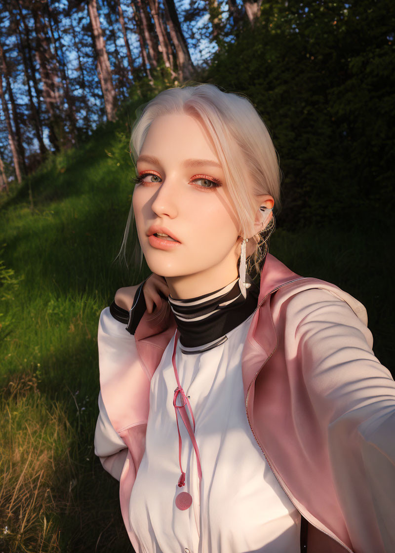 Blonde person in pink and white jacket posing in forest with sunlight.