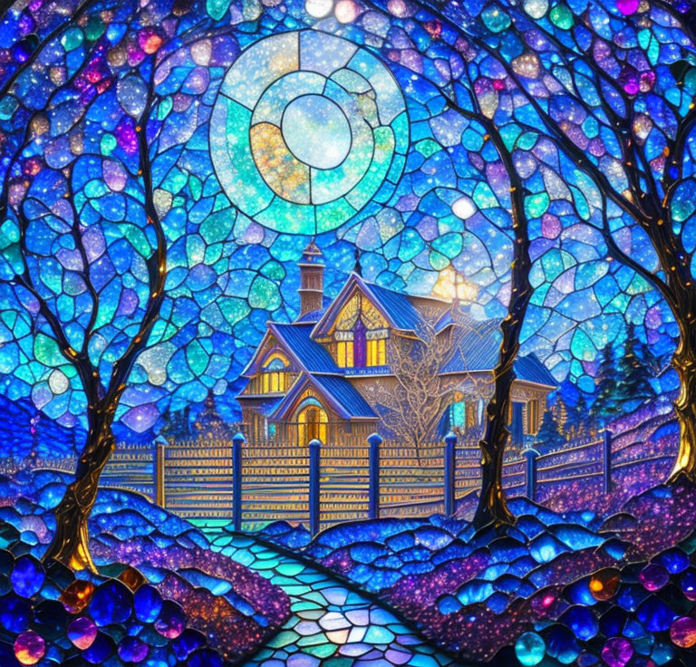 Stained glass painting, Night landscape