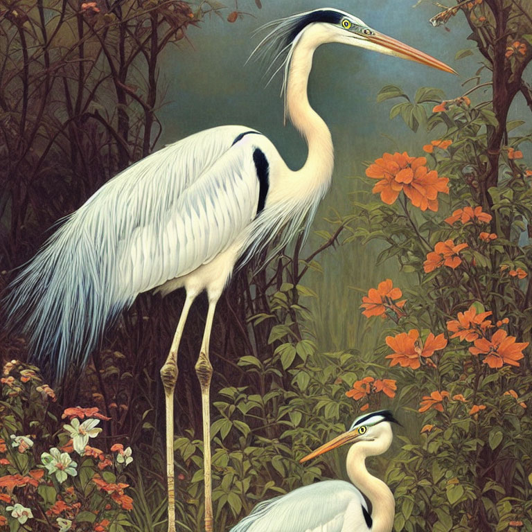 Two great herons in lush greenery with orange flowers