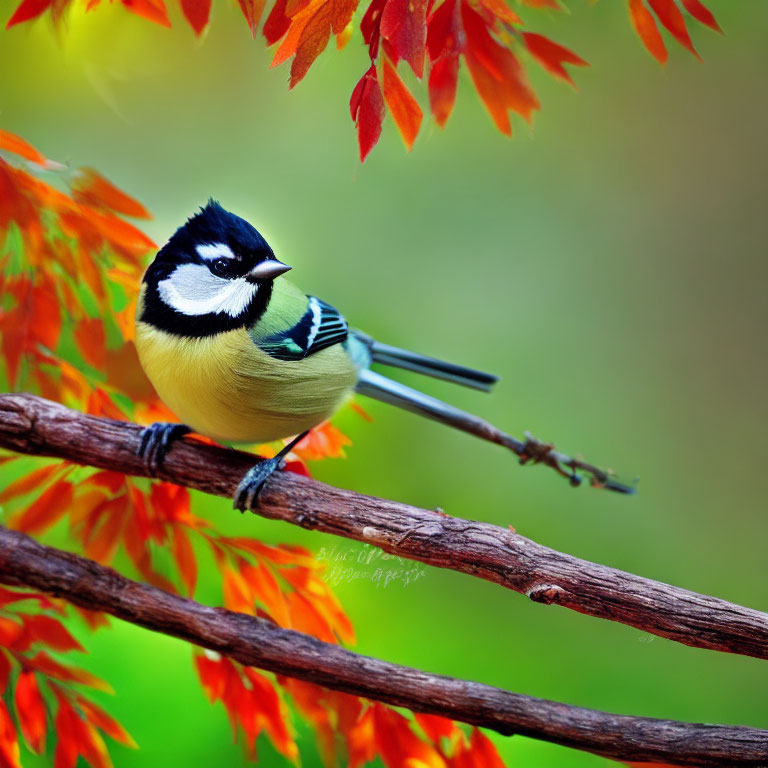 Colorful Great Tit on Twisted Branch with Autumn Leaves Background