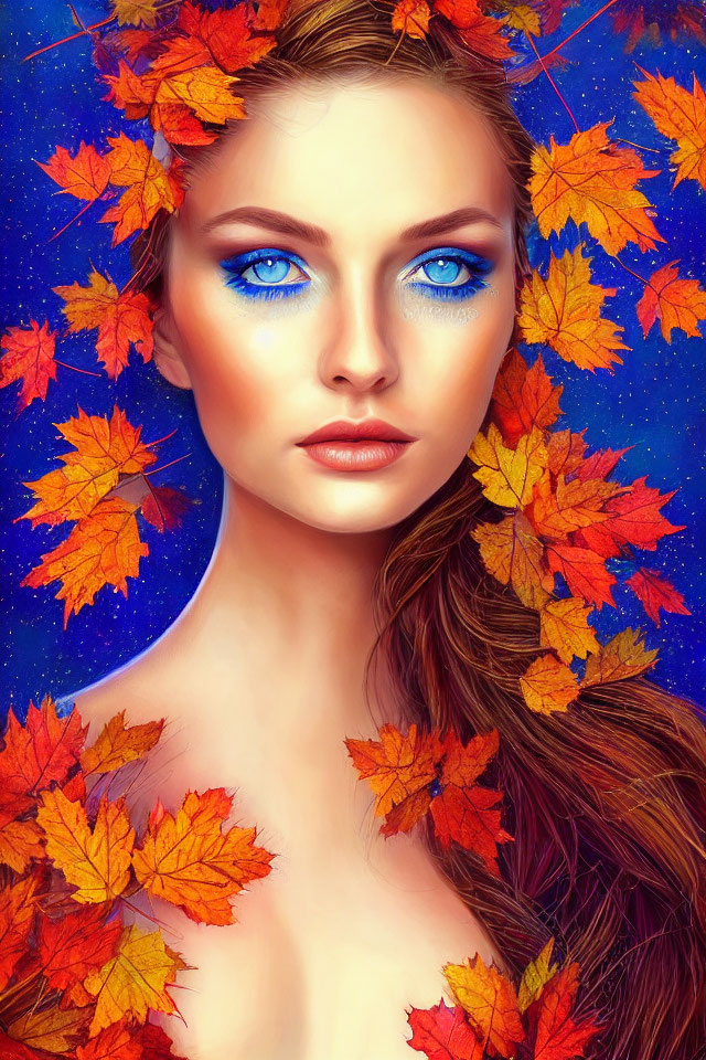 Portrait of woman with blue eyes in autumn leaves against blue background