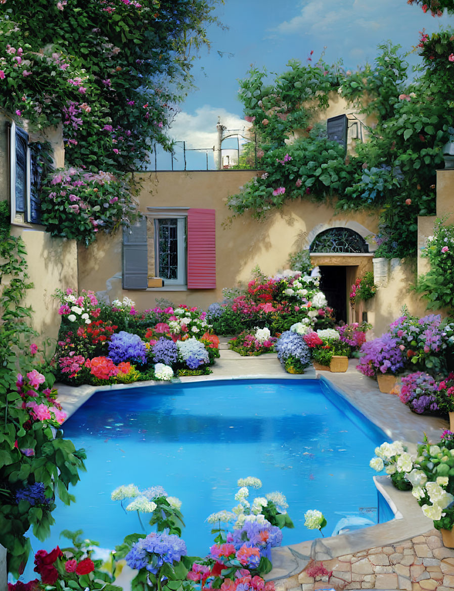 Tranquil courtyard with blue pool, vibrant flowers, climbing vines, and yellow house.