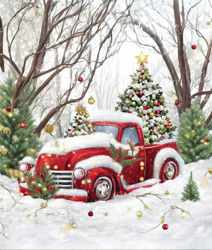 Vintage Red Pickup Truck with Christmas Tree in Snowy Forest