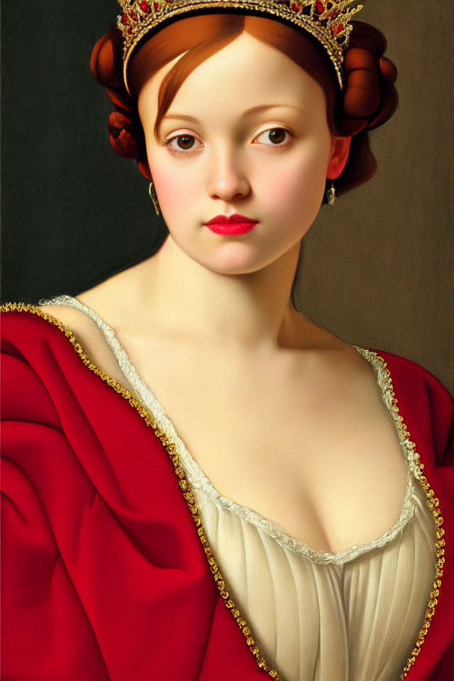 Portrait of Young Woman with Auburn Hair in Gold-Accented Red Dress
