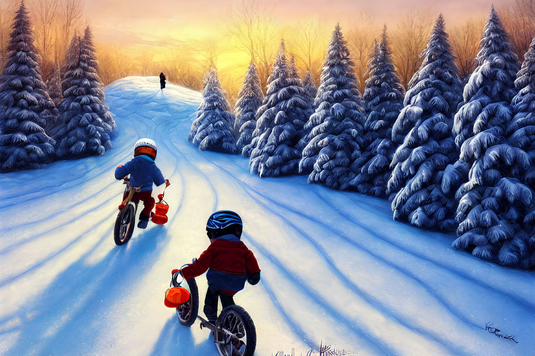 Children biking in snowy winter forest with sun rays and figure walking