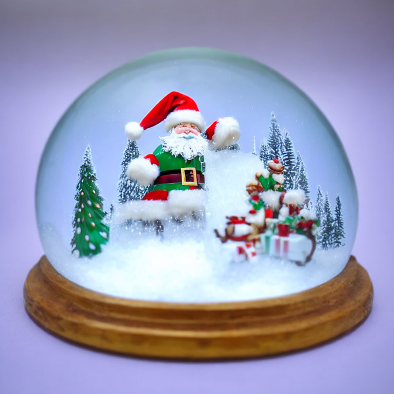Snow globe with Santa Claus, sack, sleigh, Christmas trees on wooden base, purple background