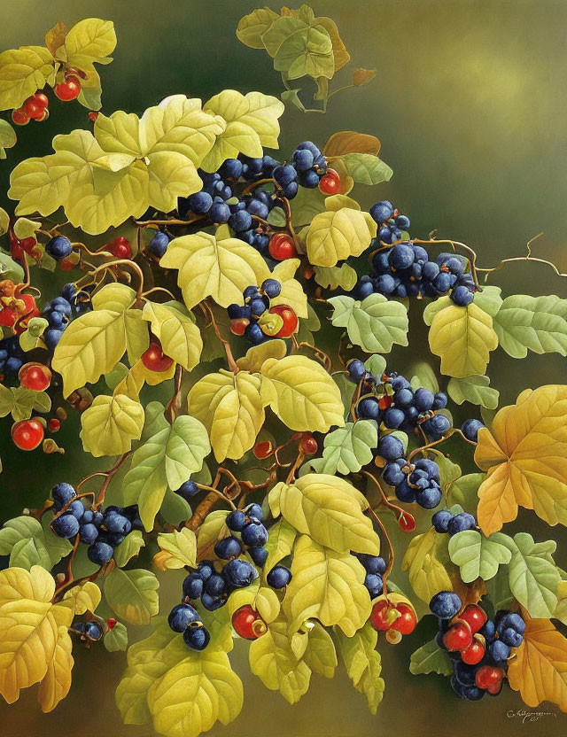 Vibrant painting of green foliage with red and blue berries
