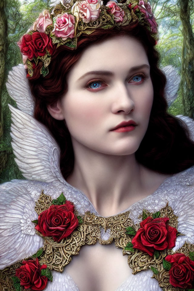 Woman with Angel Wings and Crown of Roses in Forest Setting
