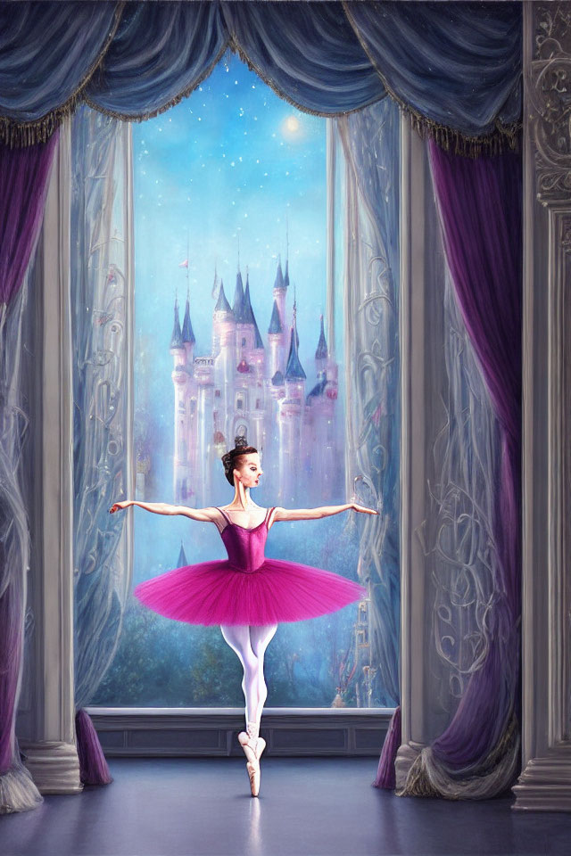 Ballerina in pink tutu on stage with castle backdrop