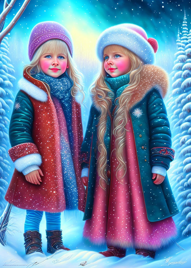 Two Young Girls in Winter Clothing in Snowy Enchanted Forest