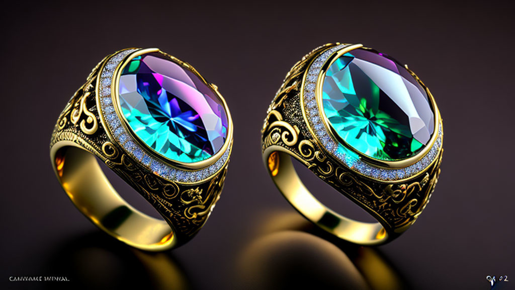 Ornate Golden Rings with Large Gemstones on Dark Background