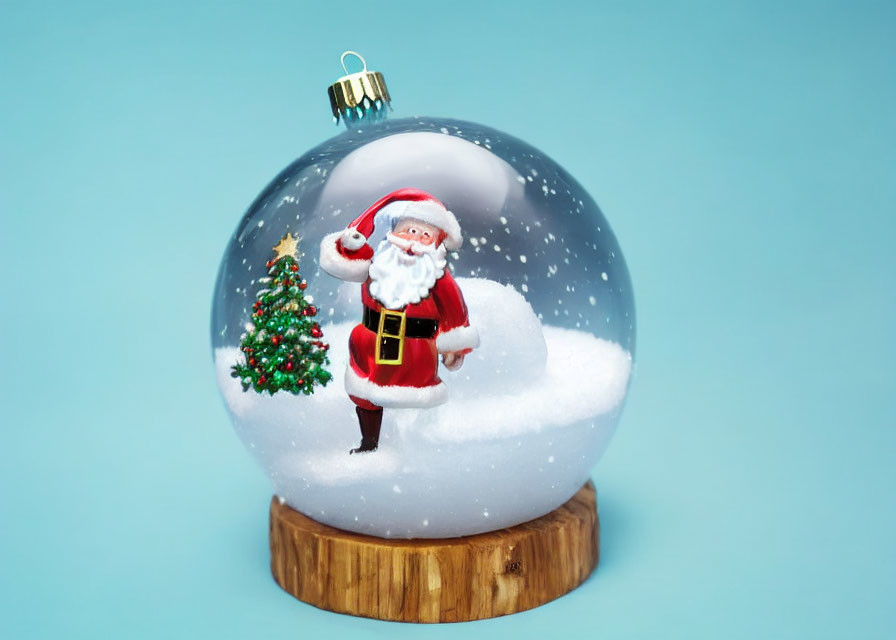 Snow Globe with Santa Claus and Christmas Tree on Blue Background