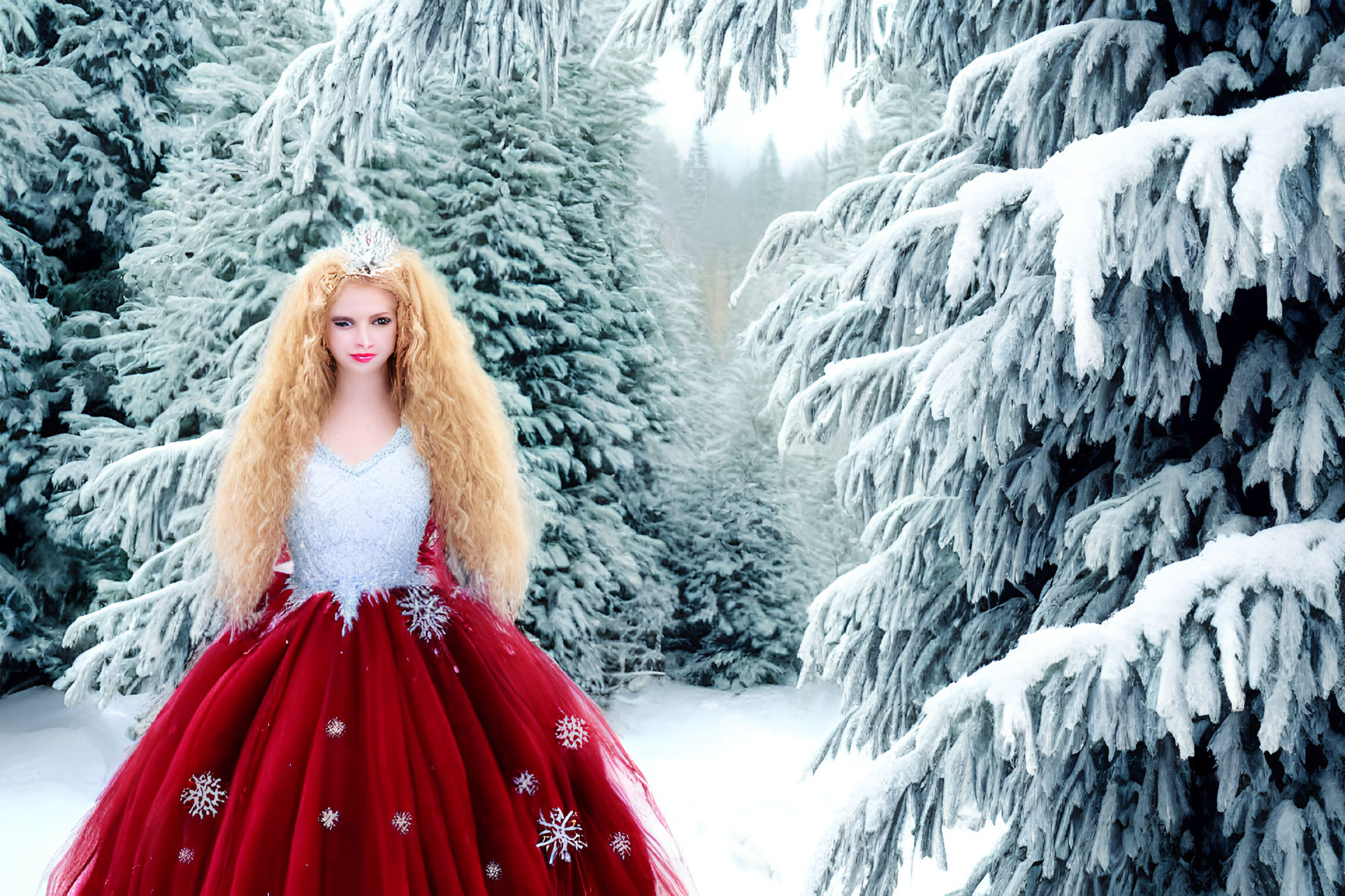 Blonde woman in red gown among snow-covered trees - winter fairy-tale scene