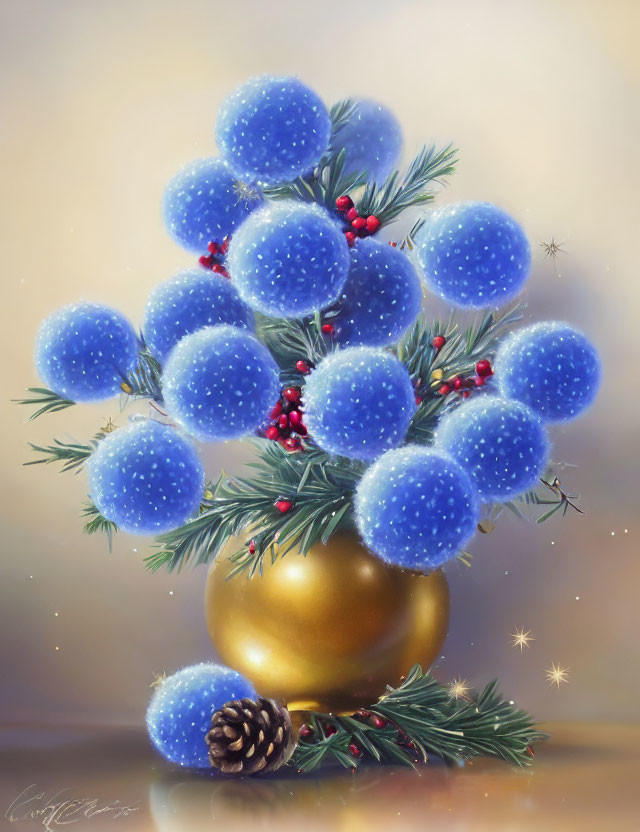 Festive Christmas tree illustration with blue baubles and red berries