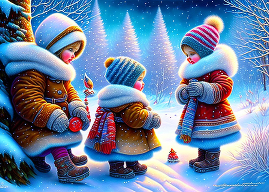 Three children in winter clothing sharing a red ornament in snowy landscape