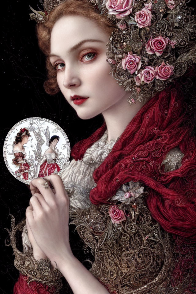 Detailed portrait of a woman with red hair, pale skin, roses, and circular illustration