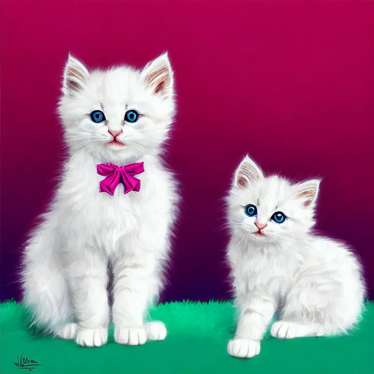 Fluffy white kittens with blue eyes and pink bow tie on pink background