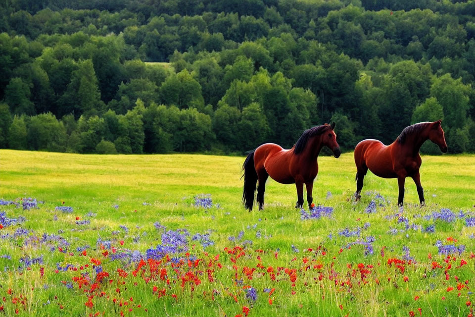Vibrant green field with two horses and colorful wildflowers