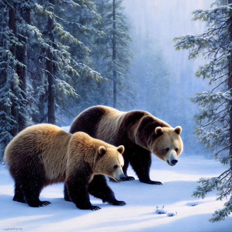Brown bears in snow-covered forest with falling snowflakes