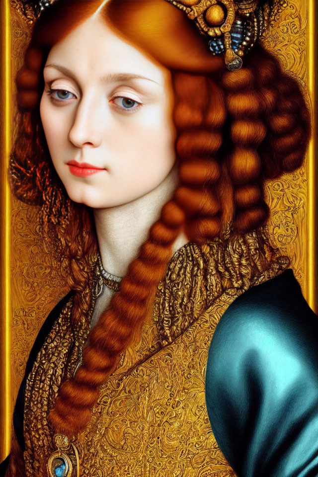 Elaborate Renaissance woman portrait with gold headdress and teal dress