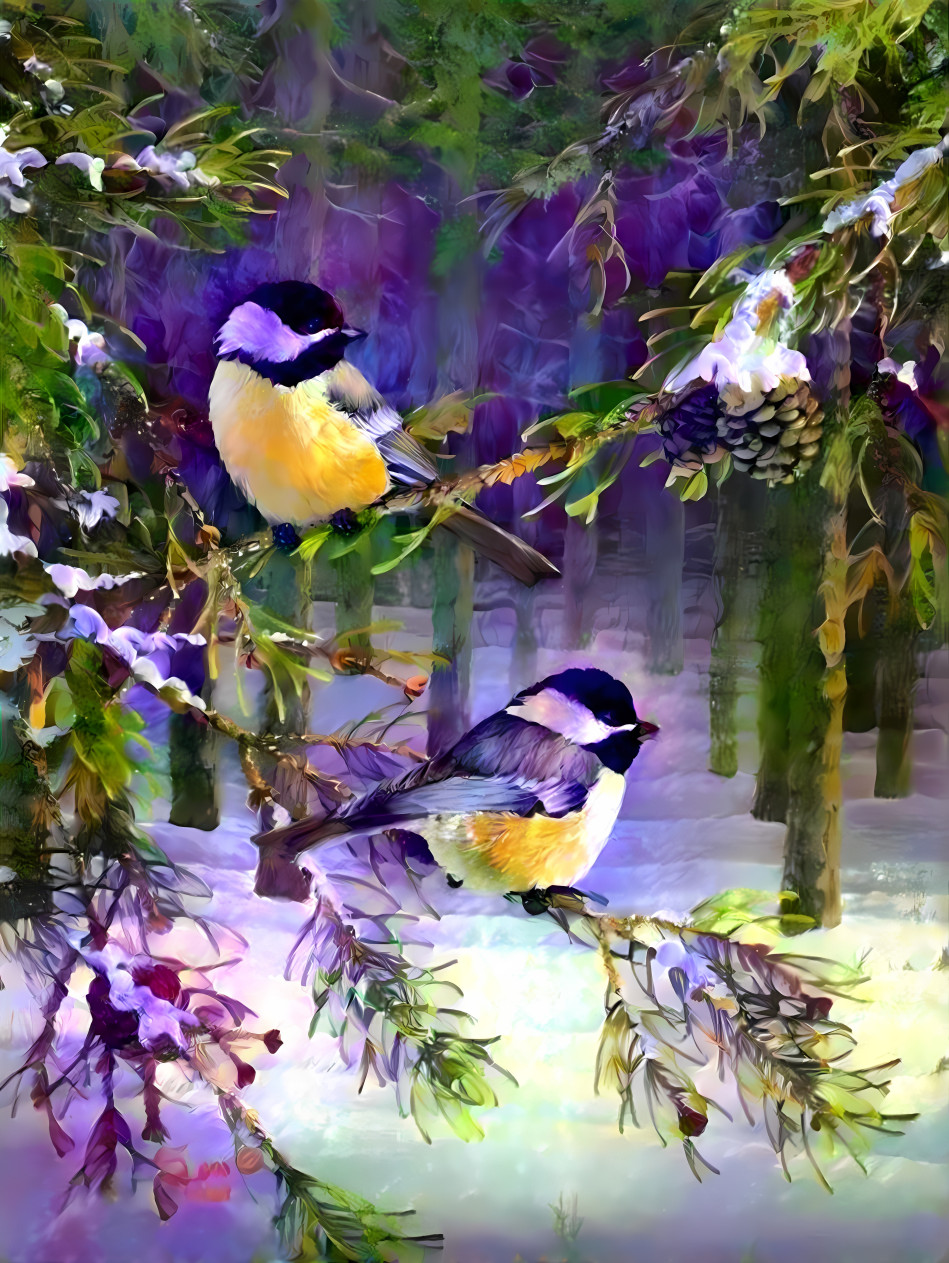Birds in the winter forest.