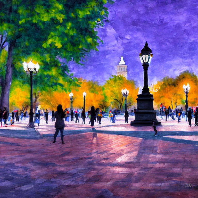 Colorful impressionistic painting of a bustling public square with people, trees, lamppost, and