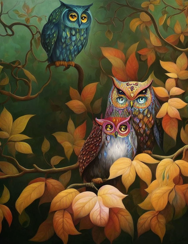 Vibrant owl art with autumn leaves on green background