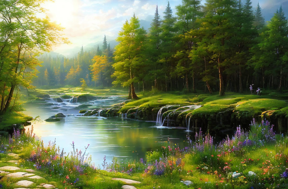Tranquil landscape with cascading stream and lush greenery