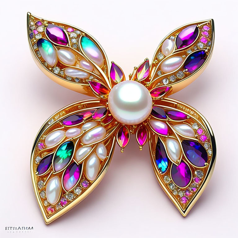 Pearl Centered Gold Petal Brooch with Gemstones and Crystals