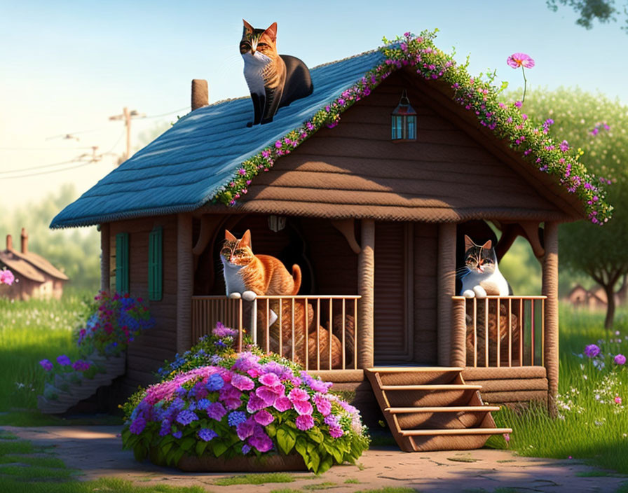 Illustration of Cat House with Multiple Cats and Flowers