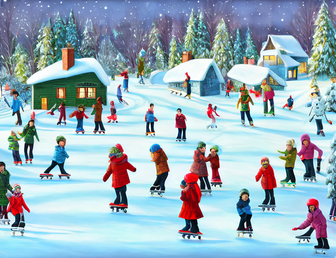 Winter Scene: Ice Skating on Snowy Rink with Snowman