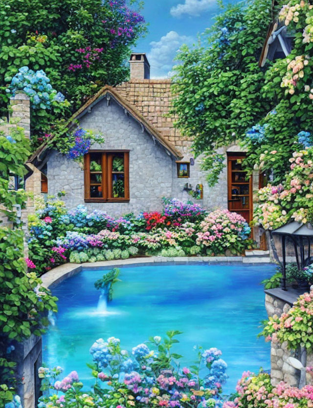 Charming stone cottage with blue accents, nestled by a tranquil pond