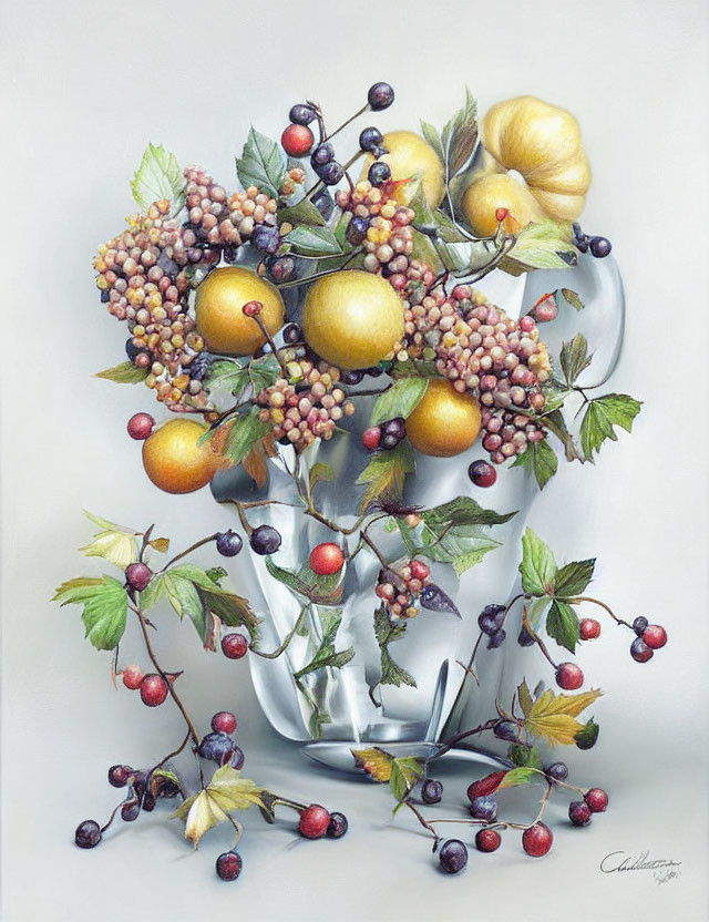 Vibrant fruits and berries in transparent vase with yellow squash and grapes