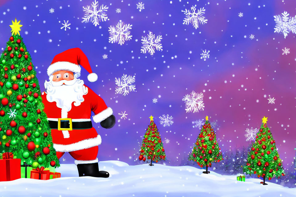 Colorful Santa Claus with sack by Christmas tree in snowy scene