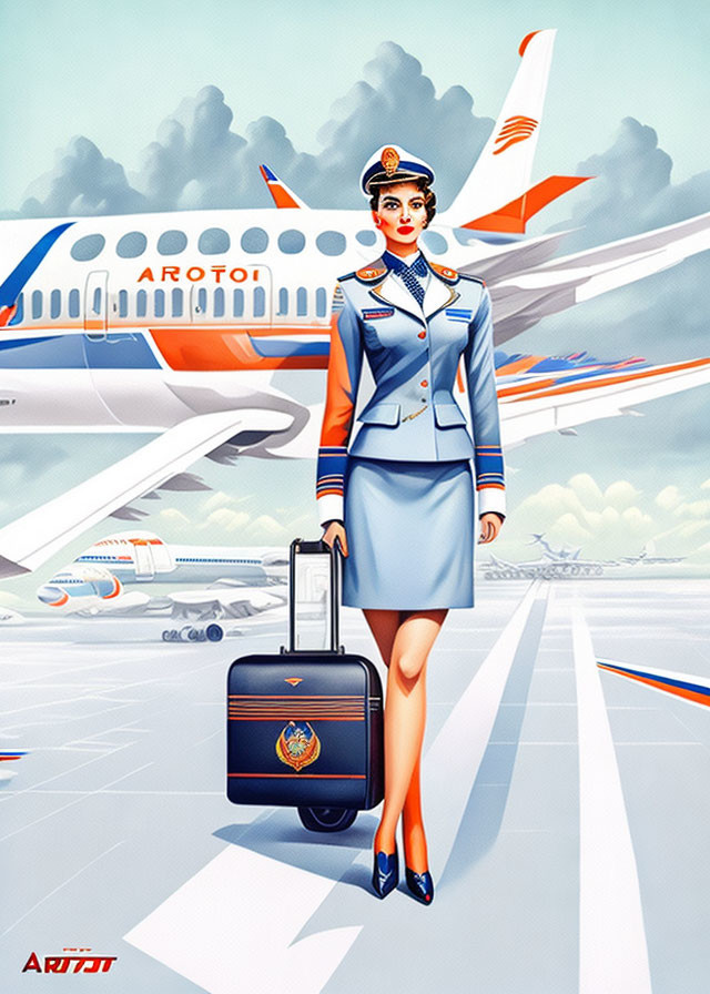 Female Flight Attendant in Blue Uniform on Airport Tarmac with Suitcase and Plane