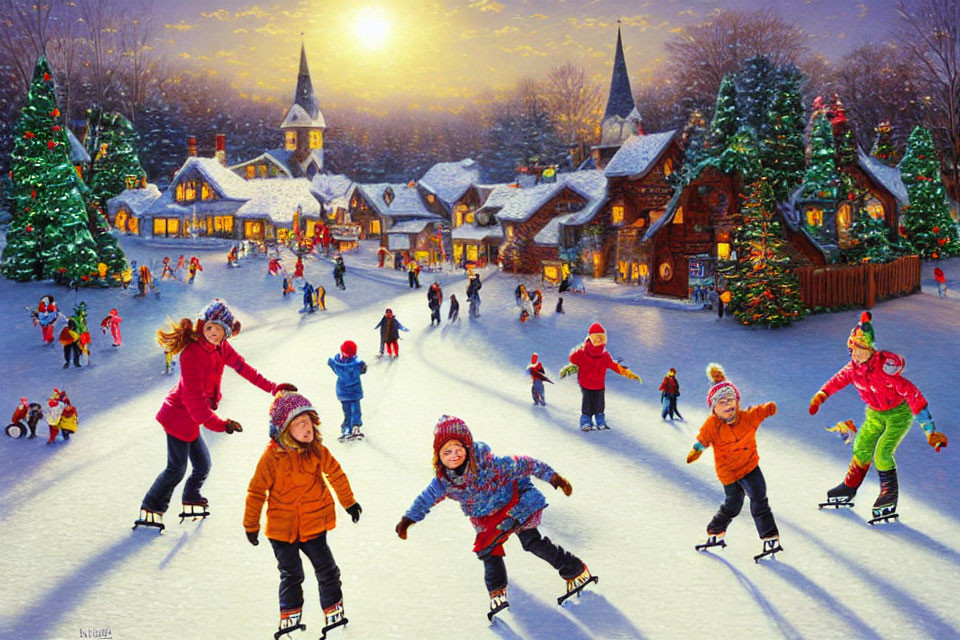 Winter village scene: people ice skating, snow-covered cottages, lit trees, golden church spire