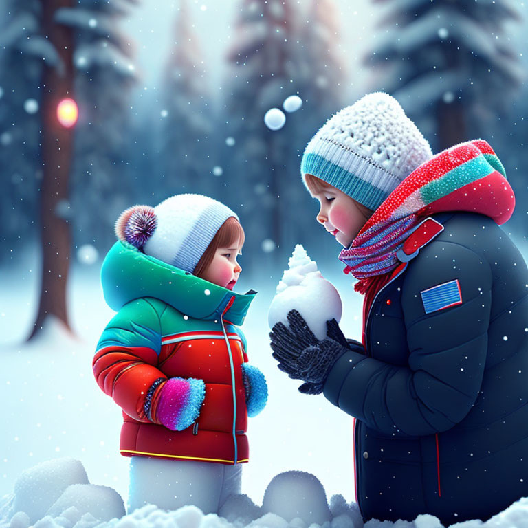 Children in winter clothing with snowball in snowy forest