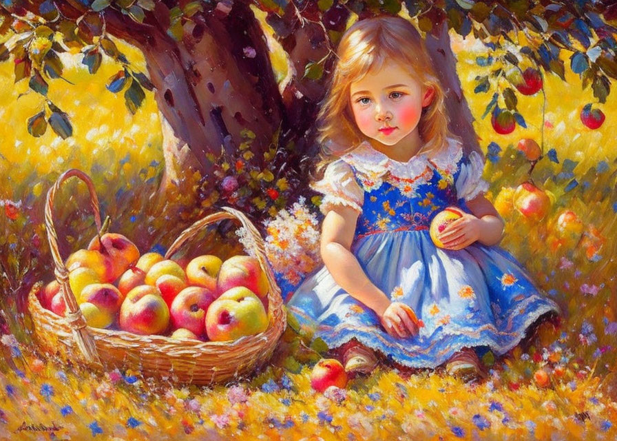 Young girl in blue dress with apple in sunlit orchard among flowers and grass