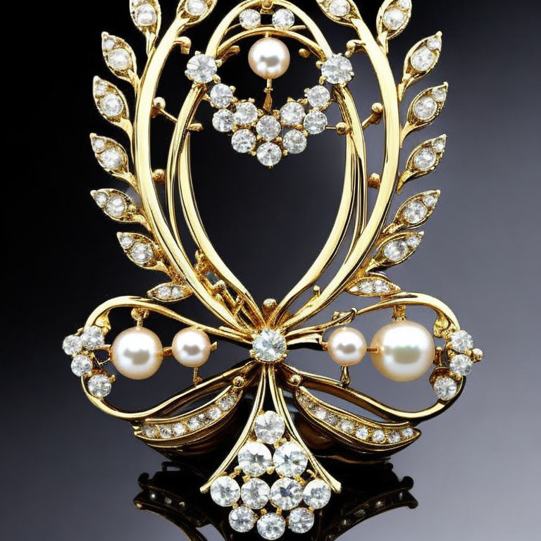 Intricate gold brooch with diamonds and pearls on dark background